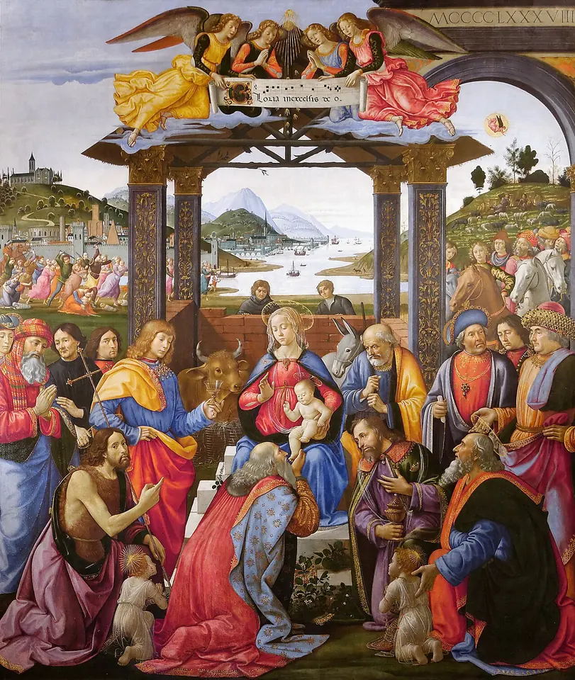 Retablo renacentista de los Reyes Magos que adoran al Niño, con dos niños pequeños arrodillados en primer plano junto a San Juan Bautista y ángeles que cantan arriba
