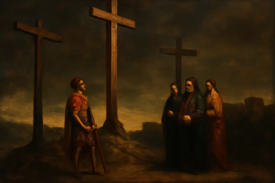 Oil-painting-style illustration of a Roman soldier at the foot of the Cross on Calvary at dusk, his spear lowered, looking up in awe