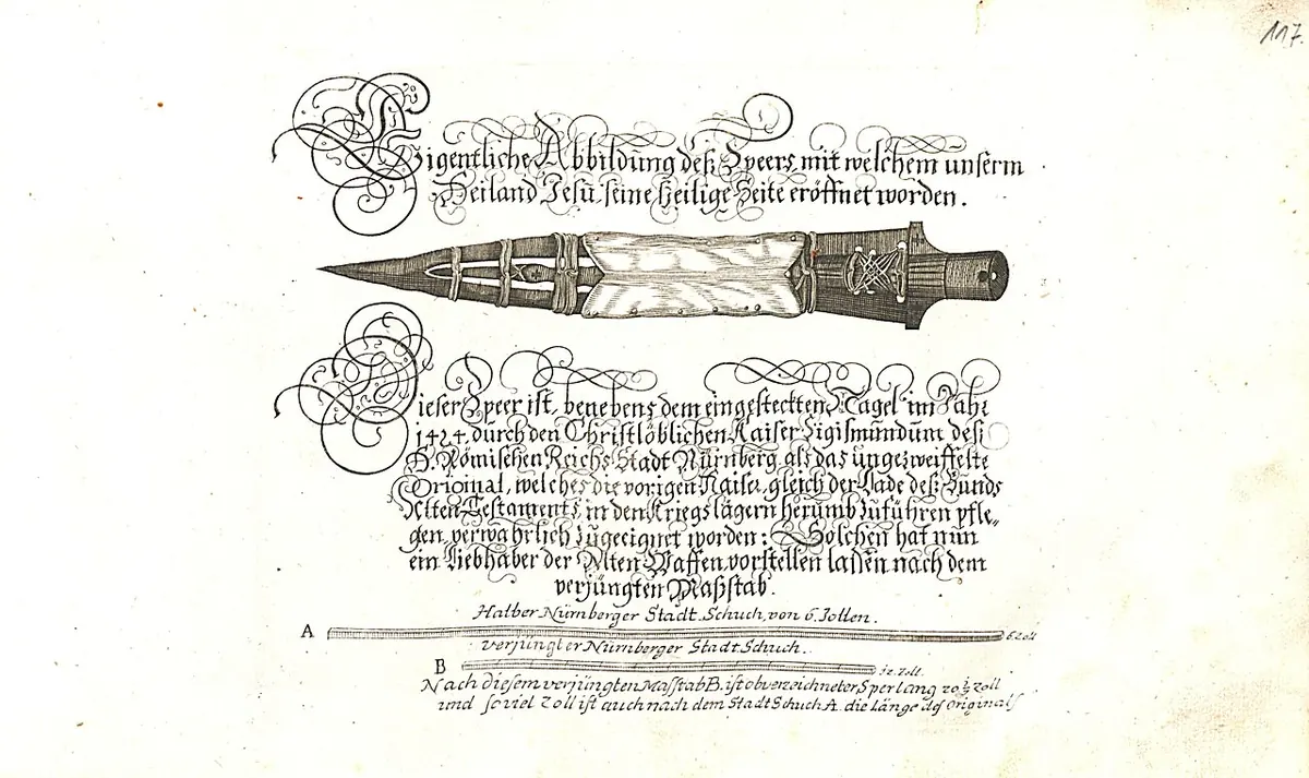 Old engraving of a spearhead drawn horizontally between lines of ornate German script