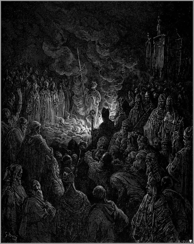 Dark engraving of a vast crowd of crusaders and clergy watching a small figure walk between blazing fires, with smoke rising into the night