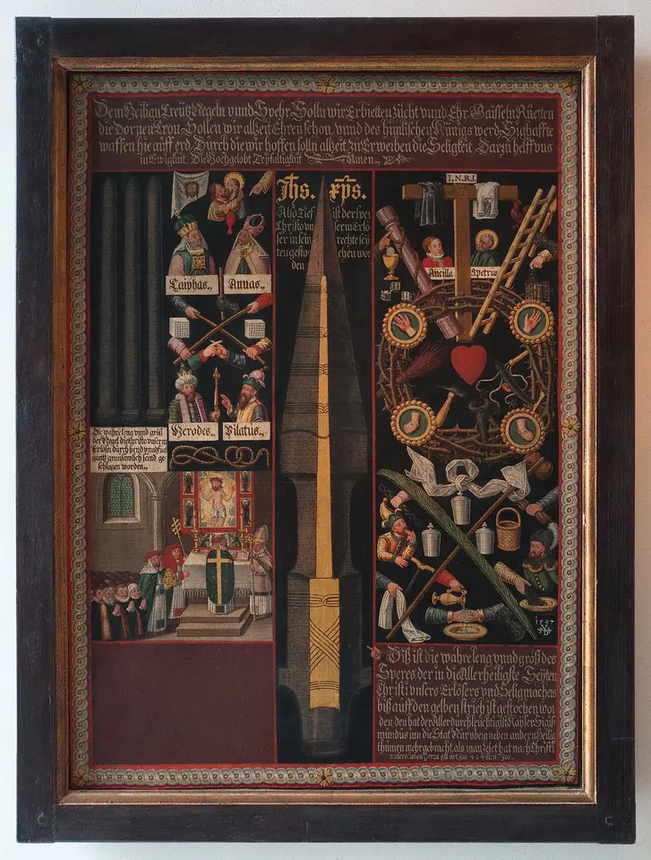 Painted panel with a large life-size image of a spearhead down the center, surrounded by small scenes, saints and instruments of the Passion and columns of German text
