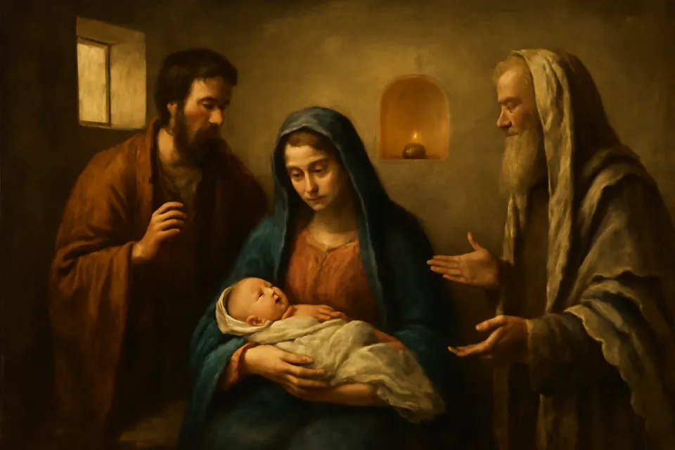 Oil-painting-style illustration of Mary holding the infant Jesus in a simple room while Joseph, standing beside an elderly man in a prayer shawl, speaks the child's name
