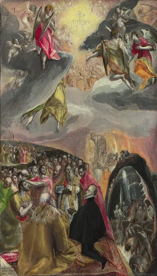 Small painting of kings, clergy and the faithful kneeling on earth while angels in a stormy sky adore a radiant monogram of the Name, with the open jaws of hell at the right