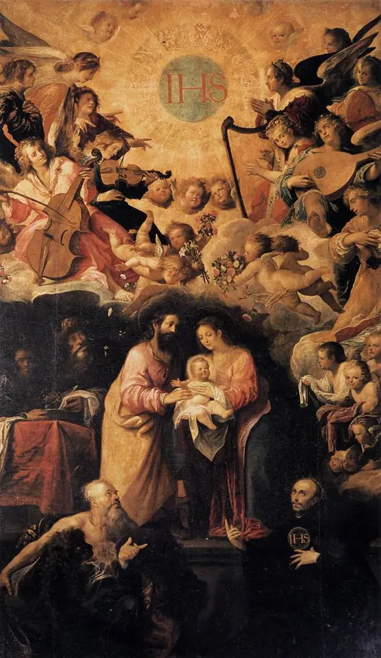 Tall Baroque painting with angels playing instruments around a glowing disc bearing the IHS monogram, and below the Holy Family with the Child, saints and a kneeling Jesuit