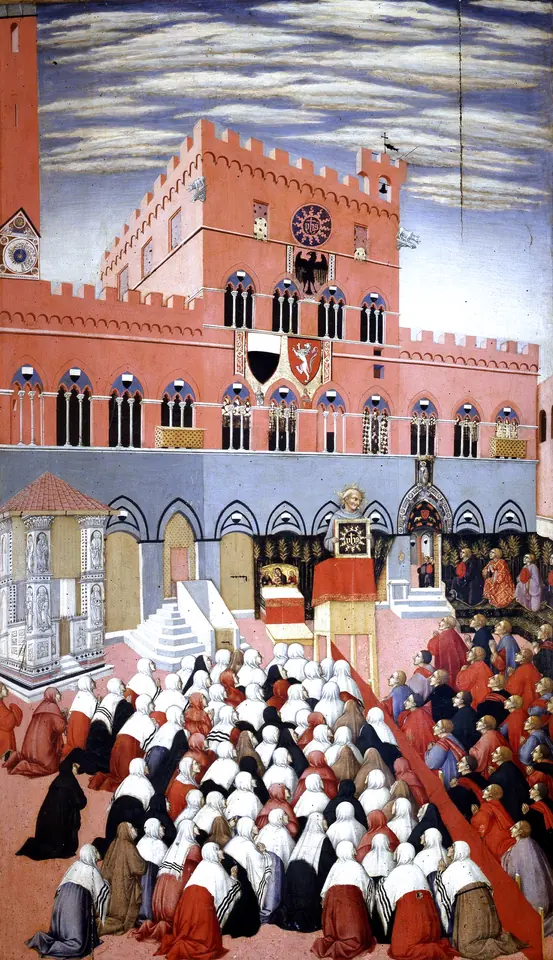 Crowded scene in the main square of Siena, with kneeling men and women divided by a cloth barrier before a friar in a wooden pulpit who holds up a tablet, the red brick town hall behind