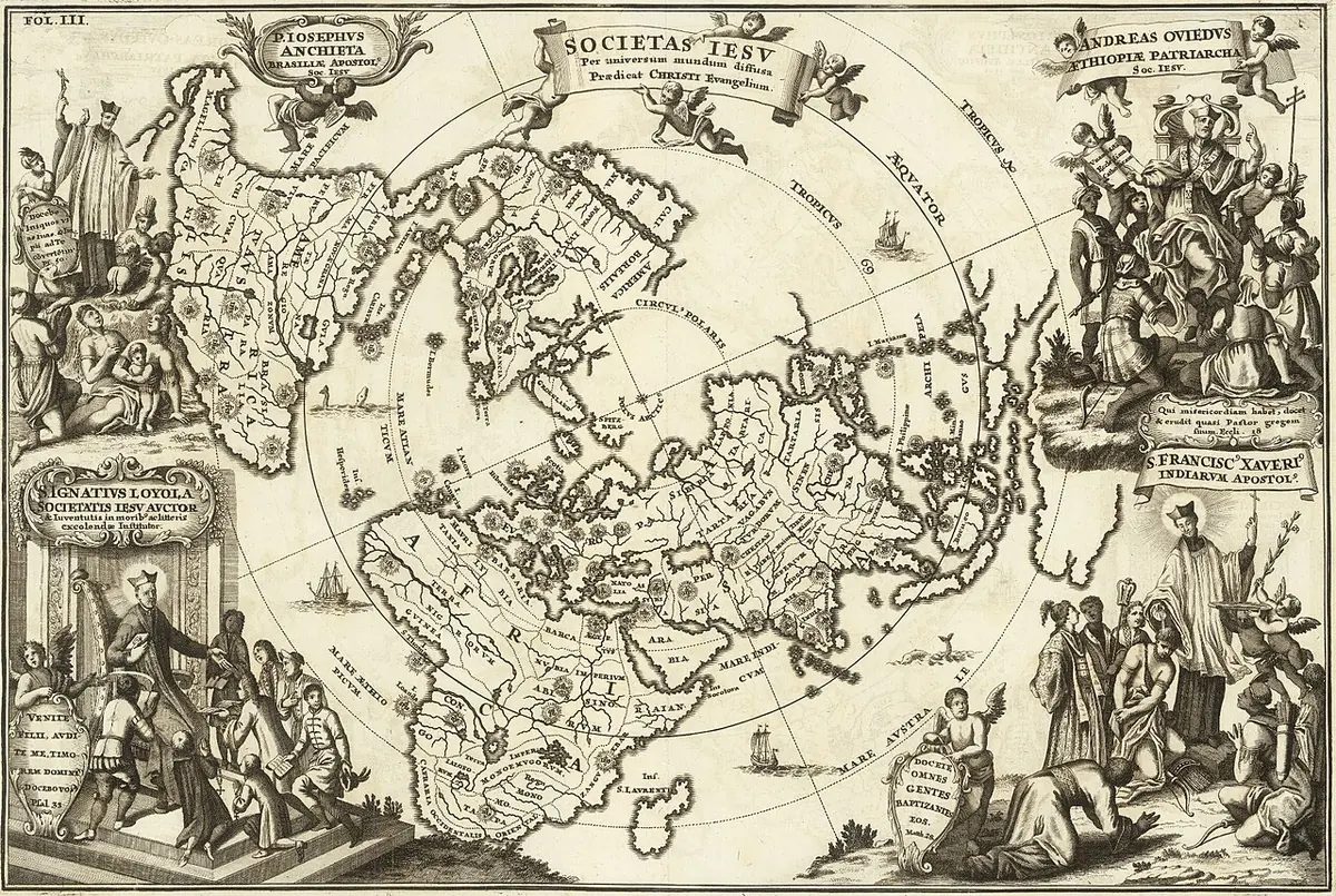 Engraved world map seen from above the North Pole, dotted with small radiant IHS emblems marking Jesuit missions, with St. Ignatius and St. Francis Xavier in the corners