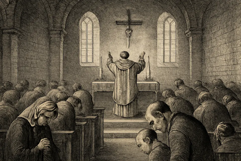 Engraving-style illustration of a congregation bowing their heads in a parish church as the priest at the altar speaks the name of Jesus