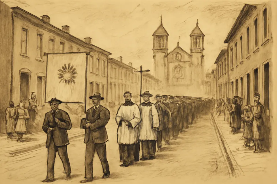 Ink-drawing-style illustration of men of a parish confraternity walking in procession down a city street behind a cross and a plain banner, families watching from the sidewalks