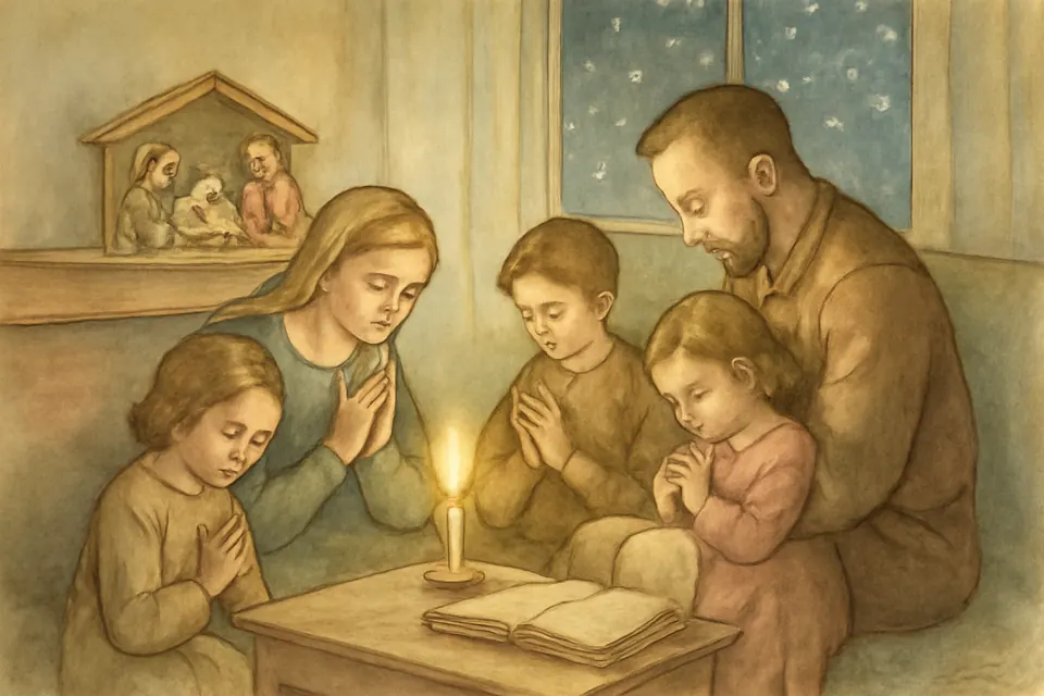 Watercolor-style illustration of a mother, father and three children praying together by candlelight in their living room in January, the Nativity scene still on the shelf