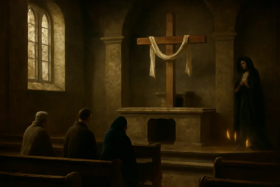 Oil-painting-style illustration of a bare parish church on Holy Saturday morning, the altar stripped and the tabernacle open and empty, with a few people praying near a statue of the sorrowful Virgin