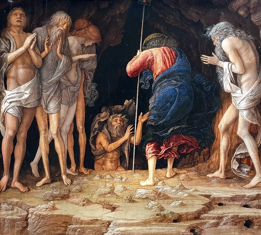 Seen from behind, Christ in a blue and red cloak bends into the dark mouth of a cave holding a banner staff, while Adam, Eve and other gaunt, bearded figures of the righteous dead stand waiting on the rocky ground around him