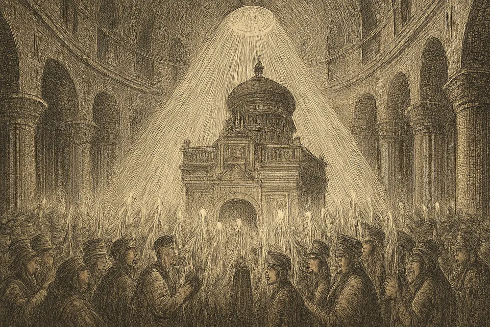 Engraving-style scene of Orthodox pilgrims and clergy holding up bundles of candles around the small domed shrine of the tomb in the Holy Sepulchre