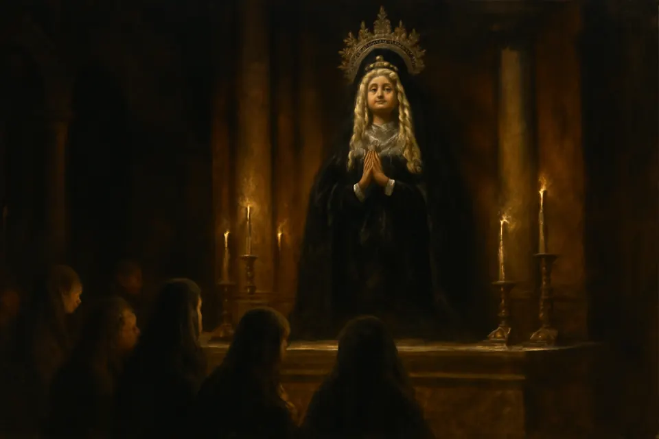 Oil-painting-style scene of women in black lace mantillas kneeling by candlelight before a statue of the grieving Virgin in black velvet