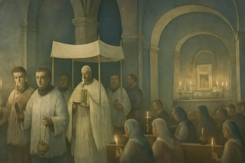 Ilustración de un sacerdote con capa pluvial blanca y velo humeral que lleva el Santísimo Sacramento en procesión, entre velas, hacia un altar de la reserva adornado con flores