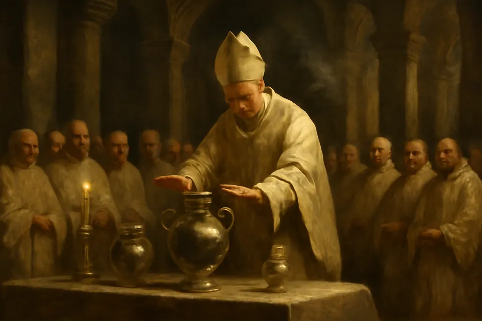 Pintura en estilo óleo de un obispo que sopla sobre una gran vasija de plata con el santo crisma mientras los sacerdotes vestidos de blanco lo rodean