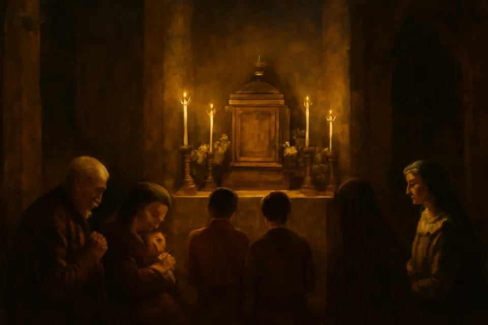 Ilustración en estilo óleo de unos fieles que rezan en silencio, ya de noche, ante el altar de la reserva iluminado con velas y flores blancas