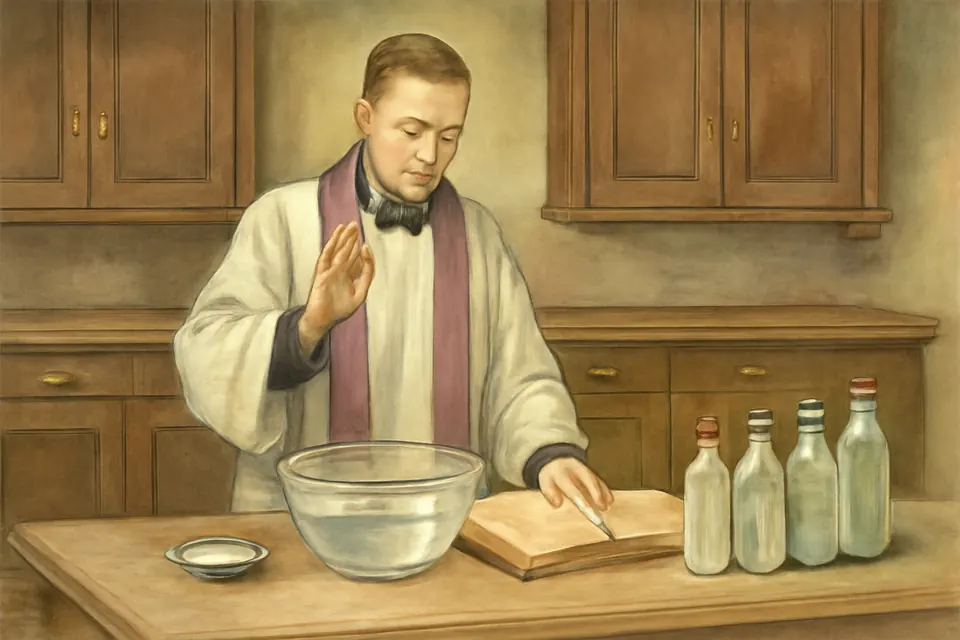 Watercolor-style illustration of a priest in a surplice and purple stole blessing a bowl of water and a dish of salt in a church sacristy