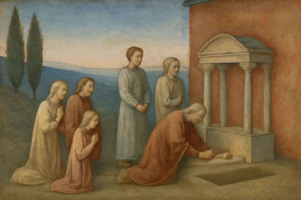 Fresco-style painting of early Christians praying by lamplight at a small stone monument over an apostle's grave on a Roman hillside