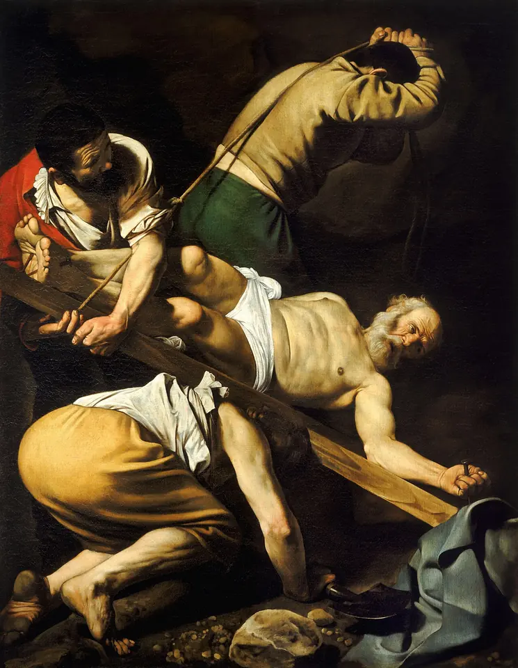 Three laborers straining to raise a wooden cross on which the elderly, gray-bearded St. Peter is fixed head downward, in deep shadow