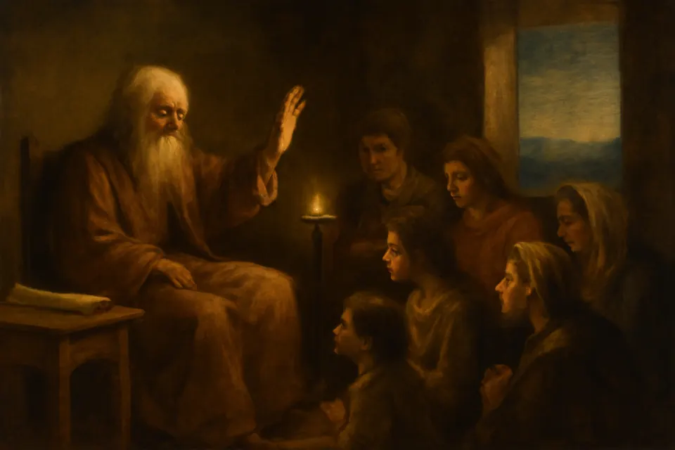 Illustration of the aged St. John, white-haired and frail, blessing a small Christian gathering in a house at Ephesus
