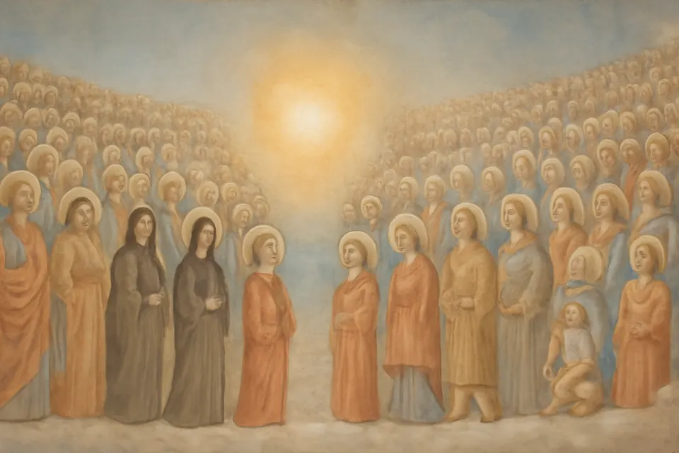 Fresco-style illustration of a great crowd of saints in robes, crowns and religious habits standing in rows on clouds around a radiant light, stretching far into the distance