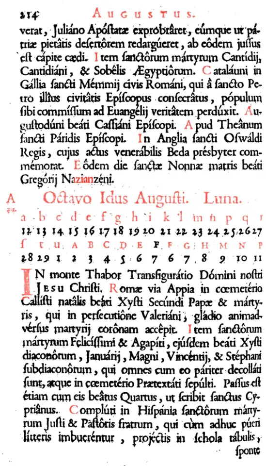 Printed Latin page of the Roman Martyrology with red and black type, listing the saints for August 5 and 6 above a table of calendar letters and numbers