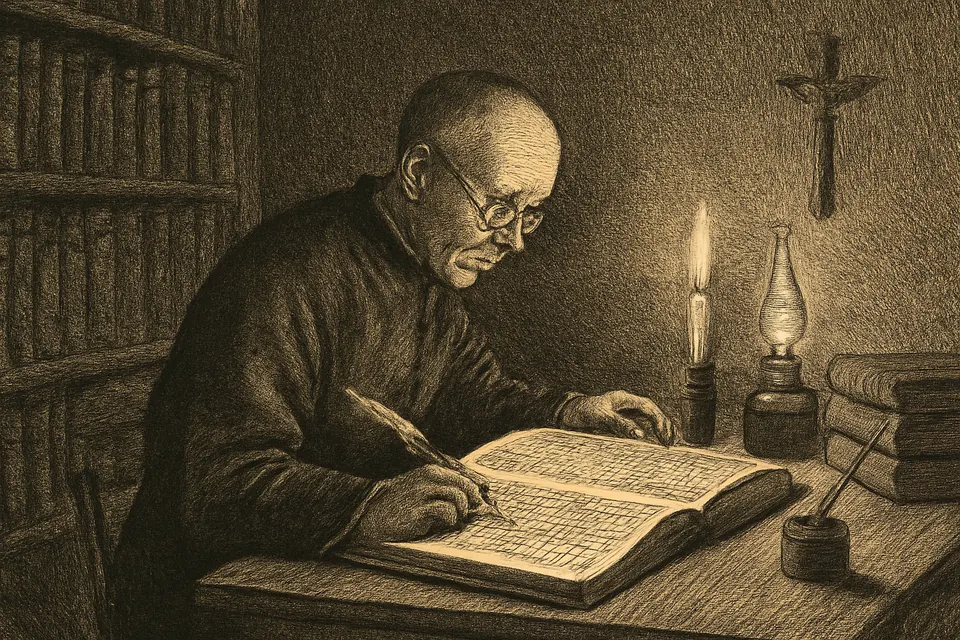 Engraving-style illustration of a priest in a cassock at a desk in a library, reading a large open book of saints' names by candlelight, with a stack of heavy volumes beside him