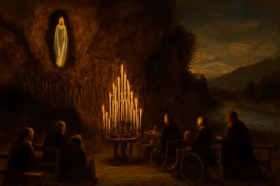 Illustration of the grotto at Lourdes at dusk, with candles burning, old crutches hanging from the rock and pilgrims praying on benches