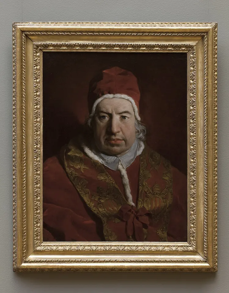 Portrait of a heavy-set, clean-shaven pope in a red velvet cap and red cape with a gold-embroidered stole, in a gilded frame
