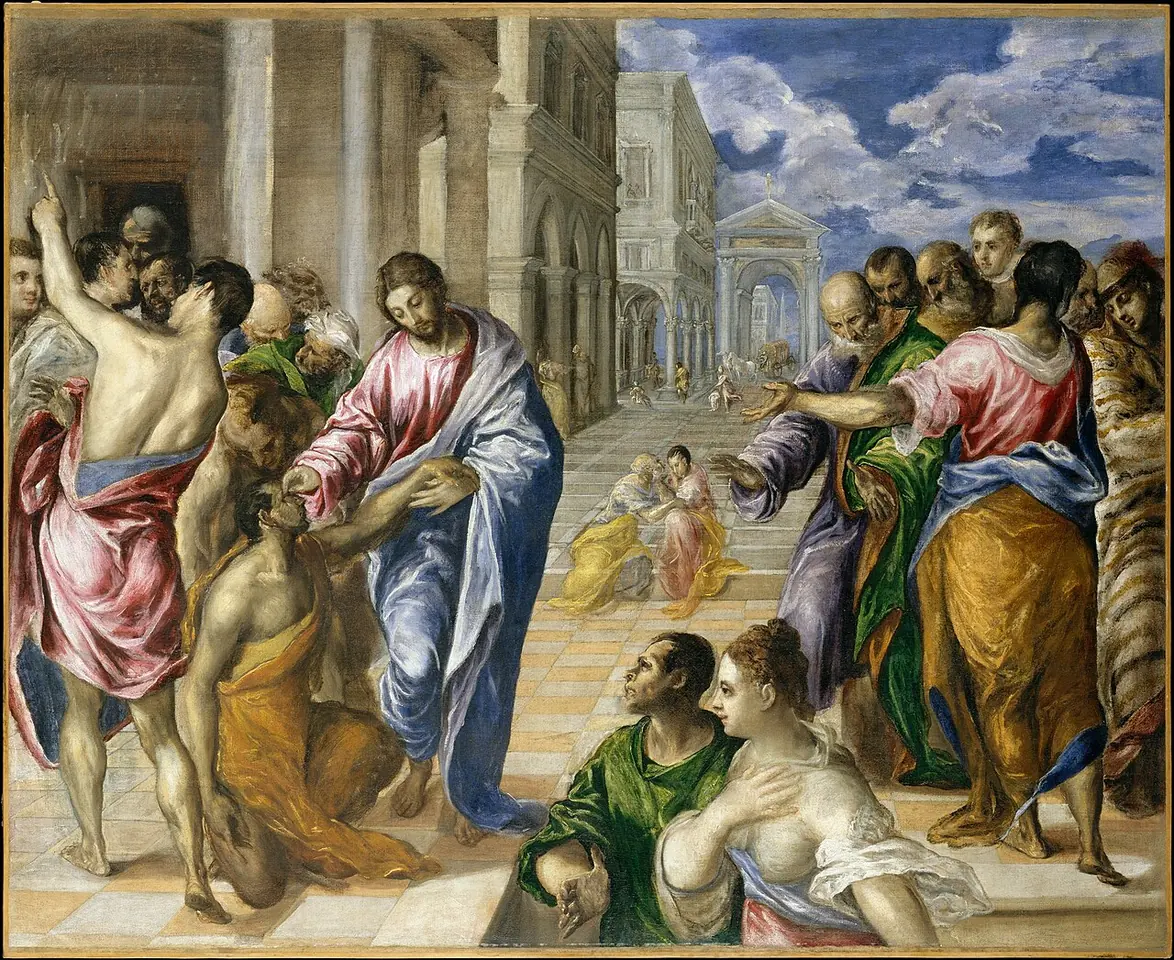 Painting of Jesus in a red robe and blue cloak touching the eyes of a kneeling blind man, with a crowd and a long Venetian street behind them