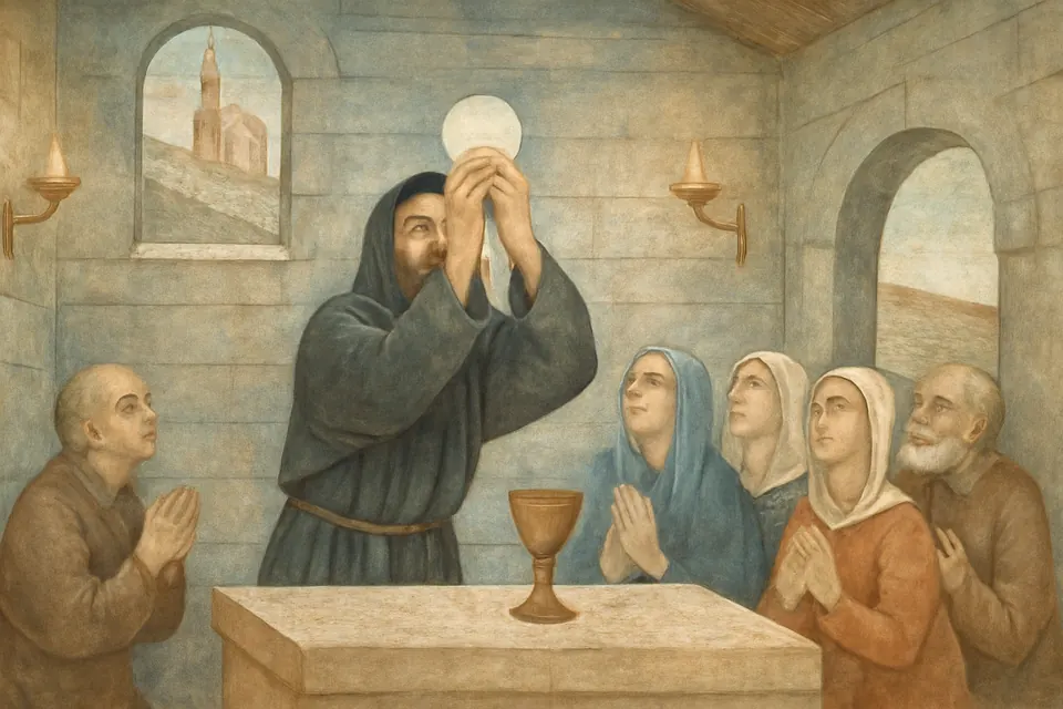 Illustration of a doubting monk at the altar in Lanciano, startled as the host in his hands changes, while a few worshippers look on