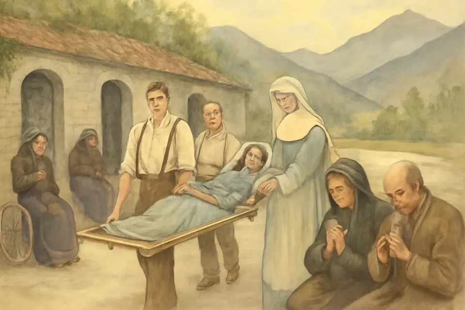 Illustration of volunteers helping a sick pilgrim toward the baths at Lourdes in the early 1900s