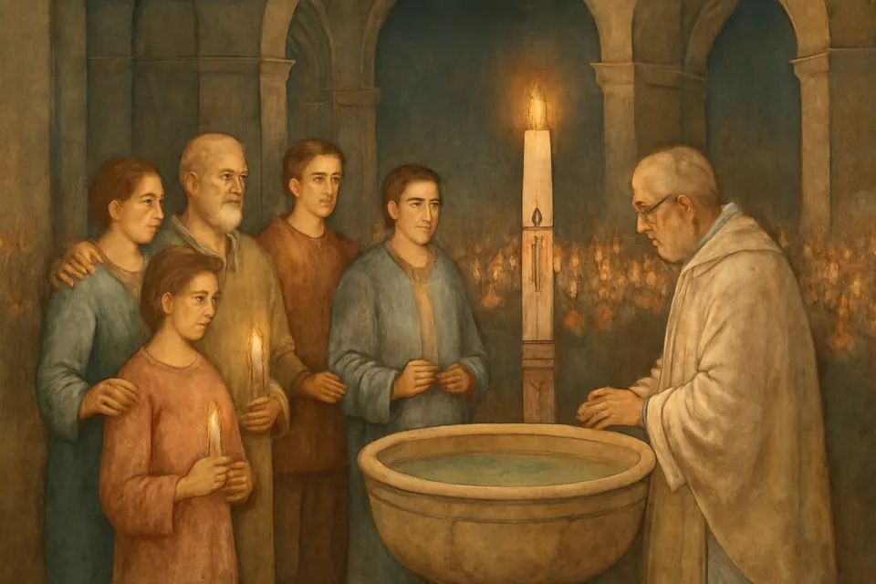 Oil-painting-style illustration of adults holding lit candles at the Easter Vigil, gathered around a stone baptismal font in a darkened church