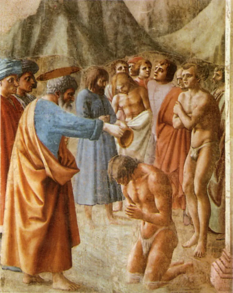 Fresco of St. Peter pouring water over a kneeling young man in a stream, while other men wait their turn, one shivering with his arms folded