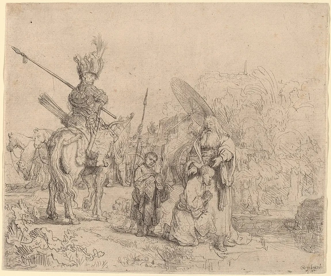 Etching of the deacon Philip baptizing the kneeling Ethiopian official by the roadside, while a horseman with a spear and a servant holding a parasol look on
