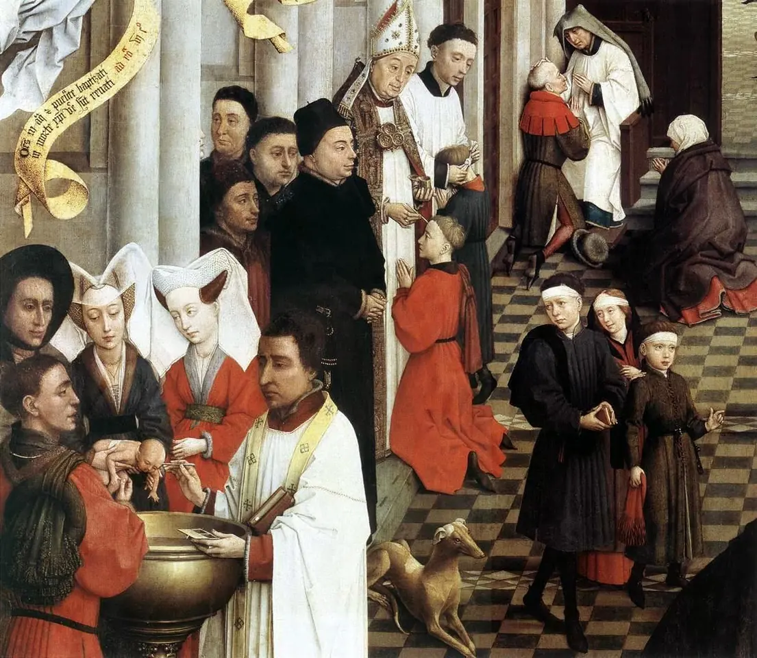 Flemish painting of a church interior where a priest baptizes an infant at a font, a bishop confirms a child and a priest hears a confession, with angels above