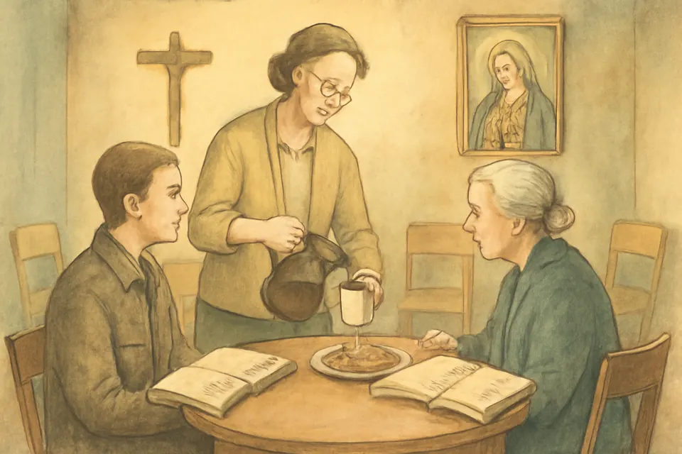 Watercolor-style illustration of a parish coordinator welcoming a young man and an older woman to an inquiry evening over coffee in a parish hall