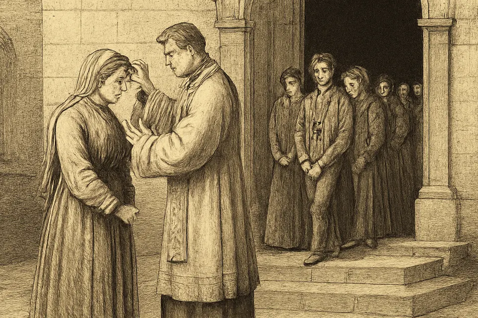 Engraving-style illustration of a priest at the church doors tracing the sign of the cross on the forehead of a woman entering the catechumenate while her sponsor watches