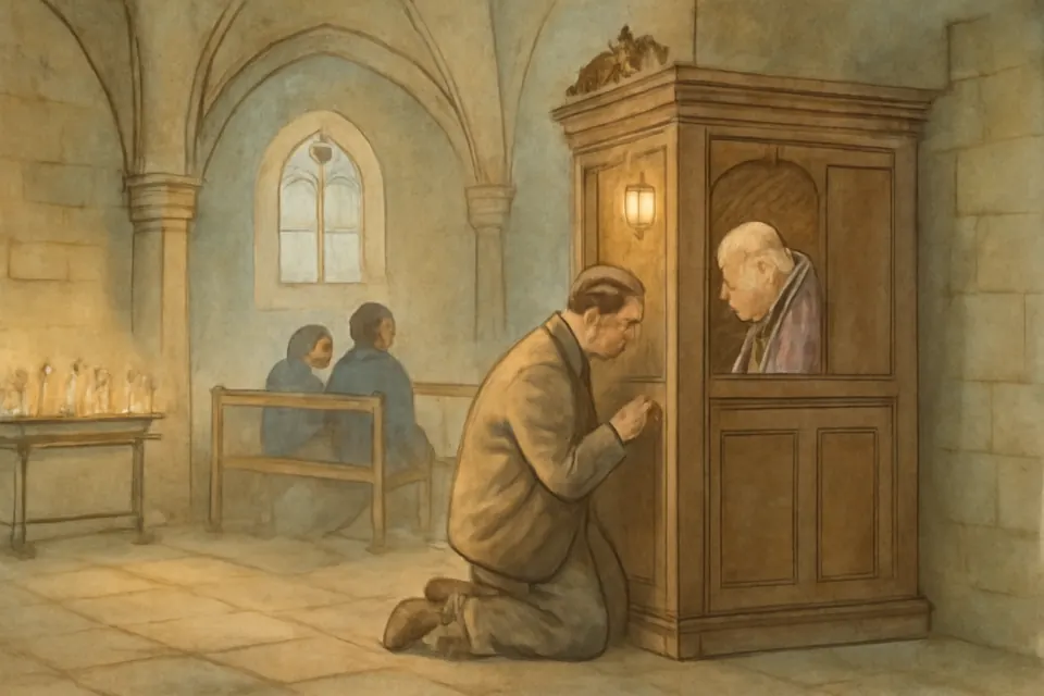Oil-painting-style illustration of a man kneeling at the grille of a wooden confessional in a quiet church while a priest in a purple stole listens