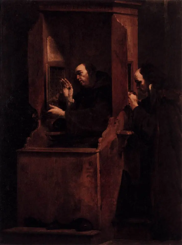 In a dark church a priest sits in a tall wooden confessional, his hand raised to his ear as a kneeling man speaks to him through the side grille