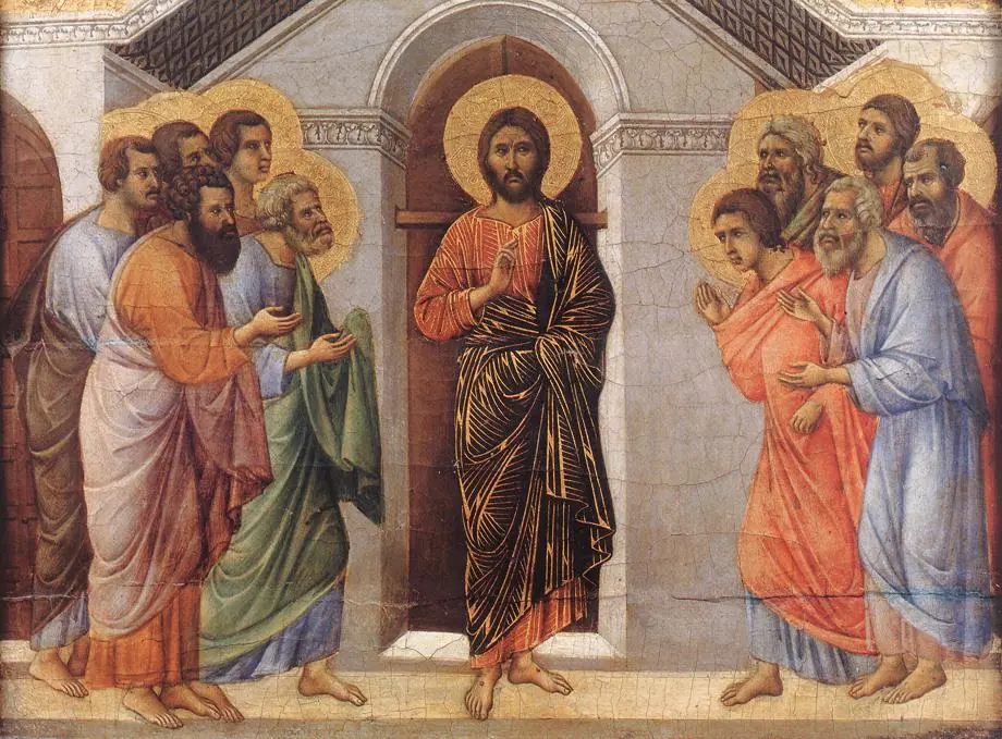 The risen Christ in a dark gold-lined robe stands in the doorway of a house, raising his hand in blessing, with the haloed apostles gathered on both sides against a gold background