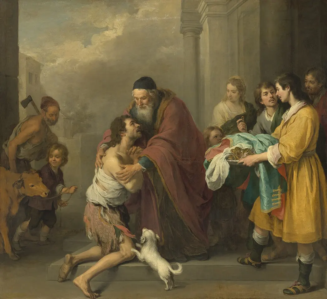 An old father in a red cloak embraces his ragged, kneeling son on the steps of the house, while servants bring new clothes and a ring and a boy leads in the fatted calf