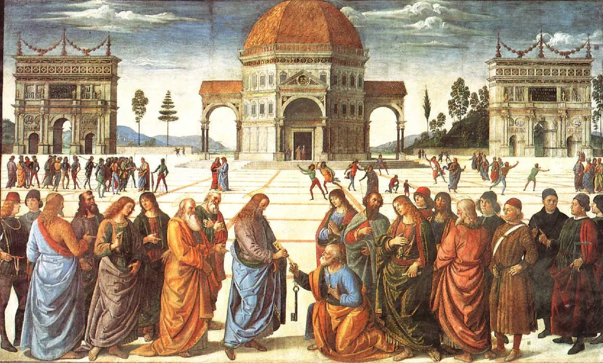 In a wide sunlit piazza before a domed temple, Christ hands two keys to the kneeling St. Peter while the apostles and other figures look on