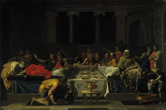 At a long banquet table where guests recline in the Roman manner, a woman kneels at Christ's feet and anoints them, while servants and guests look on