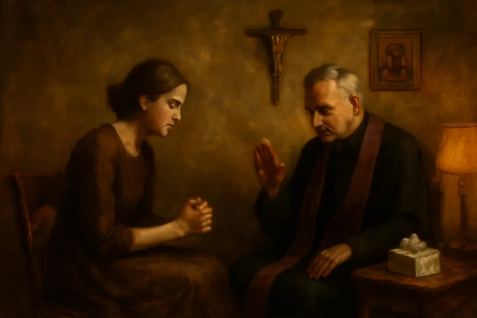 Oil-painting-style illustration of a young woman sitting face to face with a gray-haired priest in a small reconciliation room, a crucifix on the wall between them
