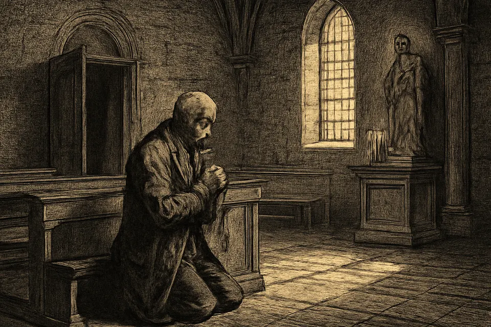 Engraving-style illustration of an older man kneeling in a pew after confession, praying his penance with a rosary while evening light fills the church