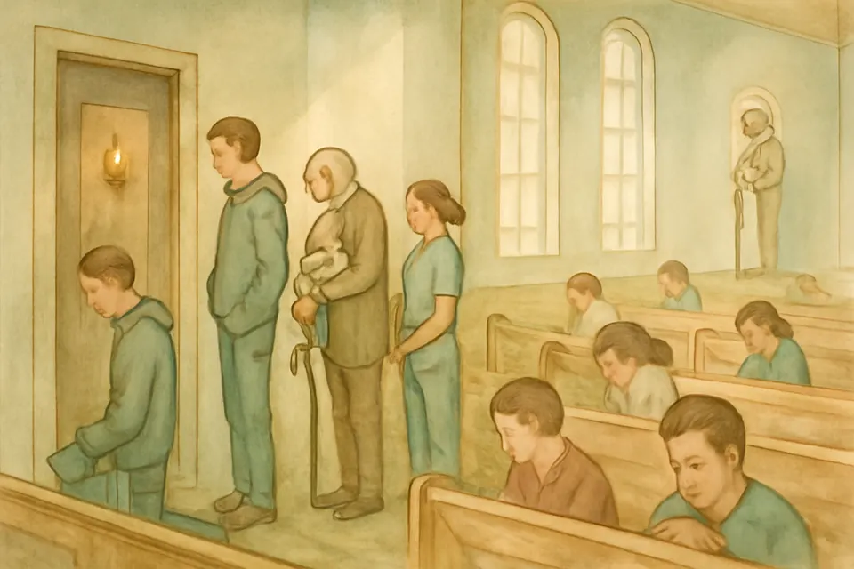 Watercolor illustration of a short line of parishioners of different ages waiting quietly in pews beside a confessional on a Saturday afternoon
