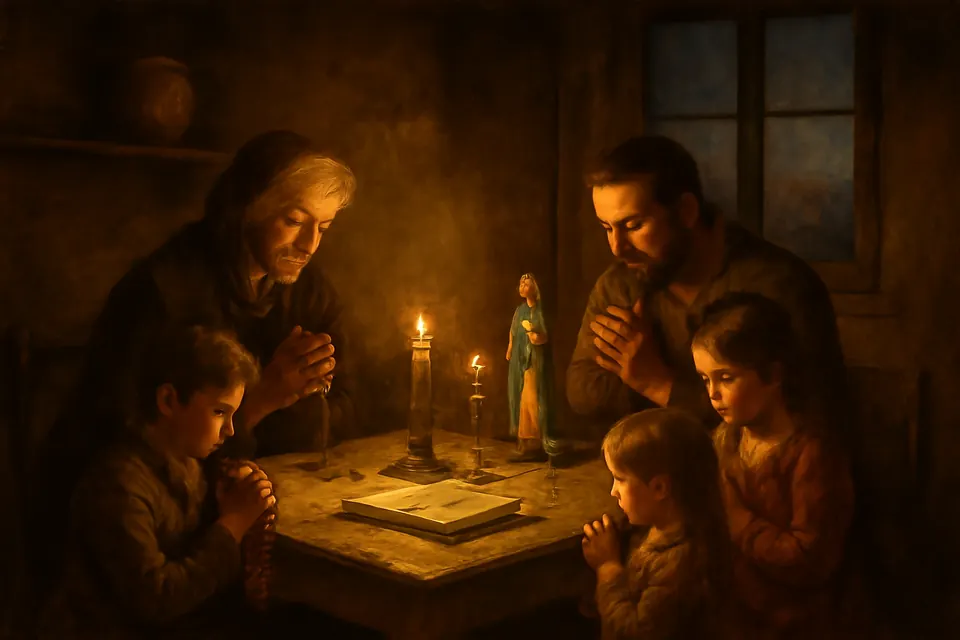 Oil-painting-style illustration of a grandmother, parents and two children praying the rosary together at a kitchen table by candlelight, with a small statue of the Virgin Mary