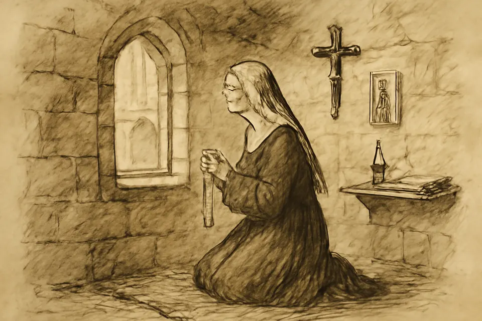 Ink-drawing-style illustration of a medieval English anchoress kneeling at the window of her cell, counting Hail Marys on a cord of knots