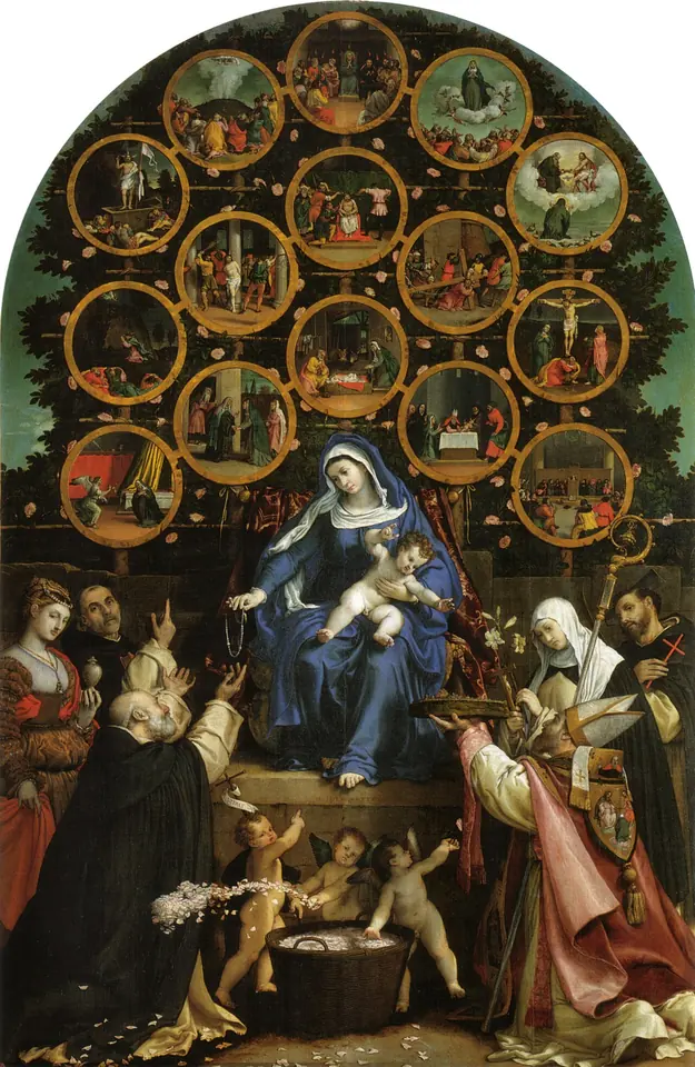 Altarpiece of the Virgin and Child enthroned with St. Dominic and other saints below, under an arch of fifteen round medallions painted with scenes of the life of Christ and Mary, with angels scattering rose petals